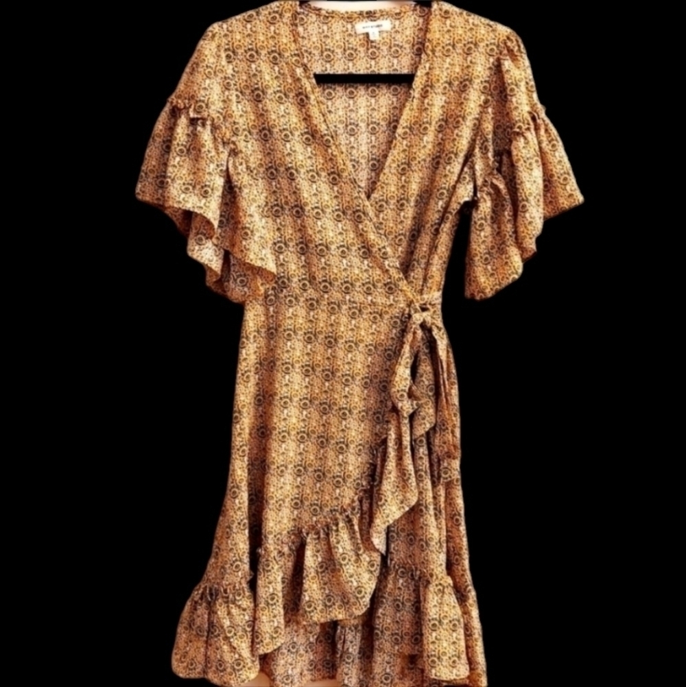 MAX STUDIO Ruffled Hi/Lo Yellow Floral Crepe Wrap Dress S Soft Girl Cottagecore